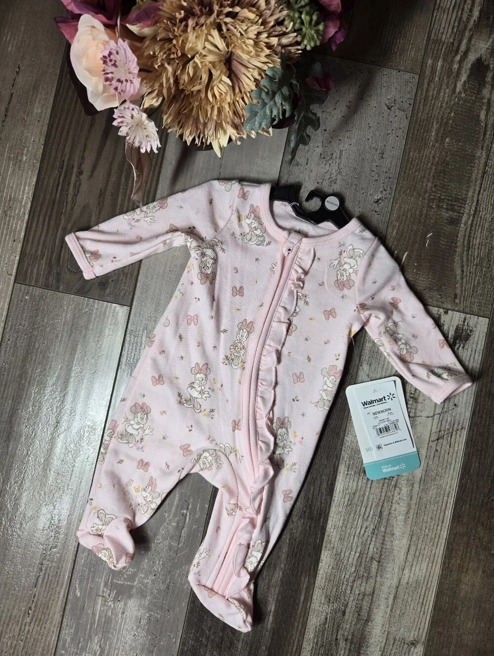 NWT Disney Pink Minnie Mouse Ruffle‑Trim Zip One‑Piece Footie – Size Newborn